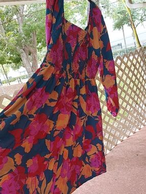 ODDI Multicolor Patterned Dresses with Navy Trim